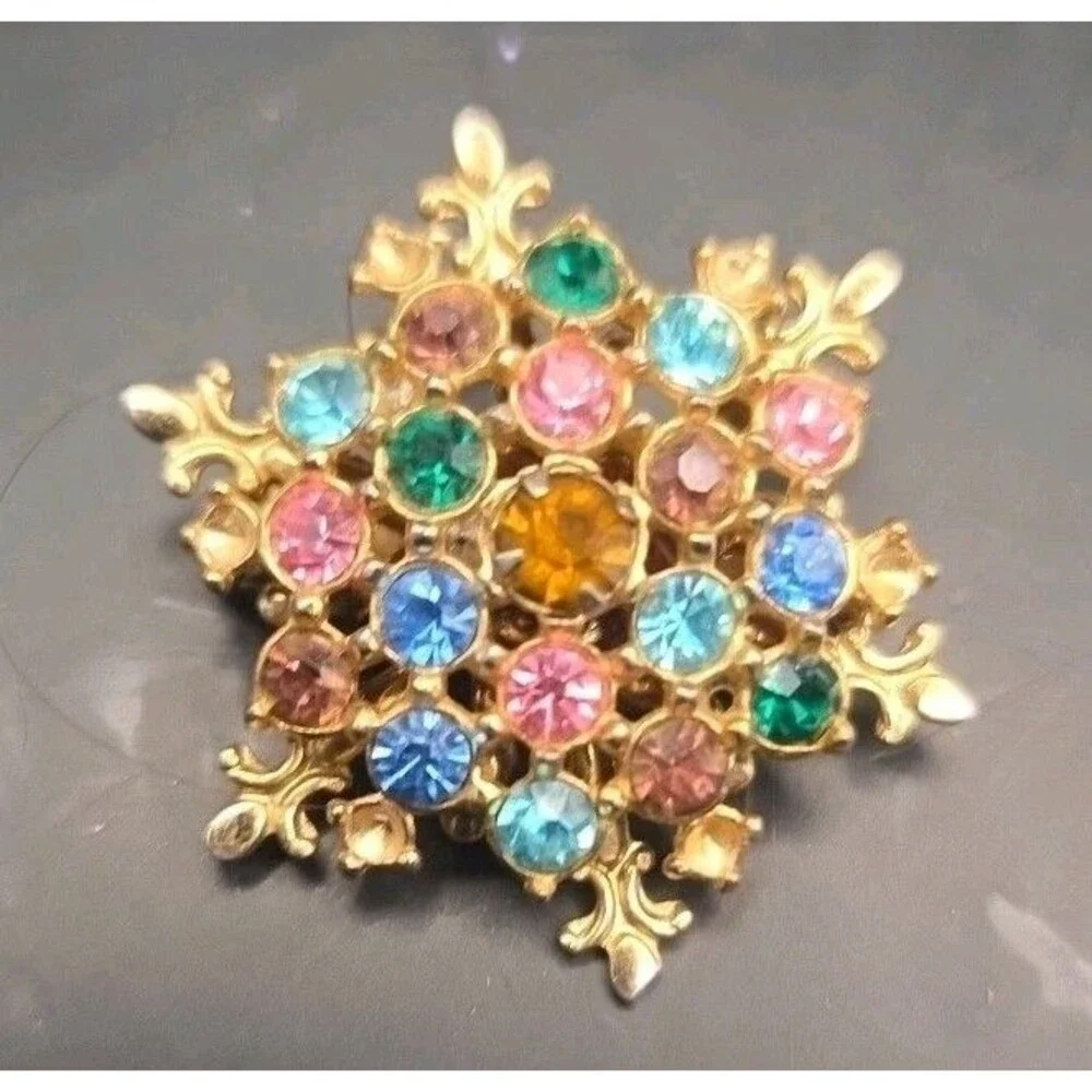 Vintage Snowflake Convertible Brooch Pendant With Multi Color Stones